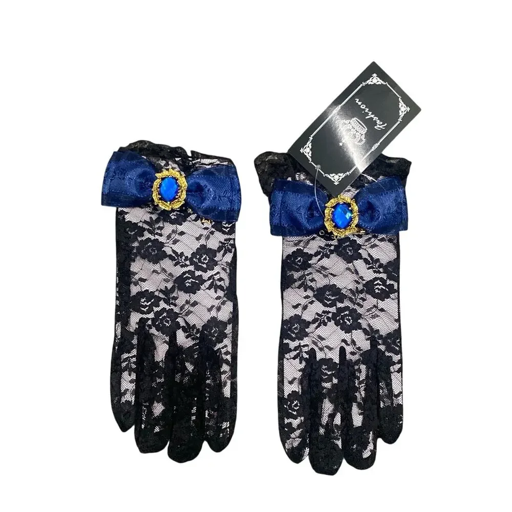 Lace Gloves with Dark Blue Bow and Gem in Black, Size OS